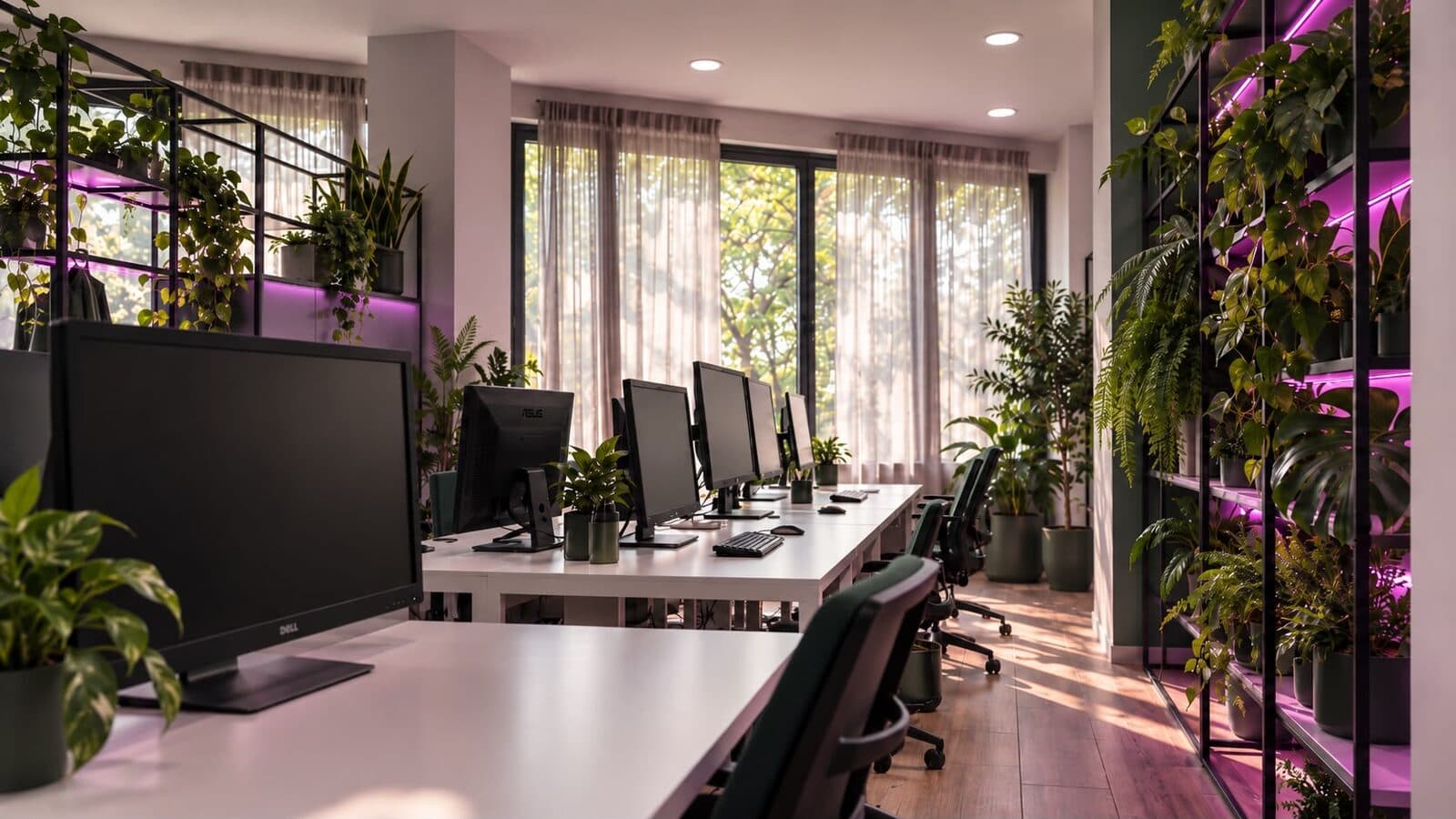 Vorbereitete Arbeitsplätze im caredsk-Büro in Istanbul: Monitore in einer Reihe vor bodentiefen Fenstern