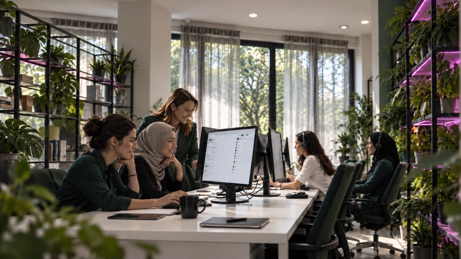 Customer-Care-Team mit Headsets bei der Arbeit im caredsk-Büro in Istanbul, eine Kollegin zeigt einer anderen etwas im Ticketsystem