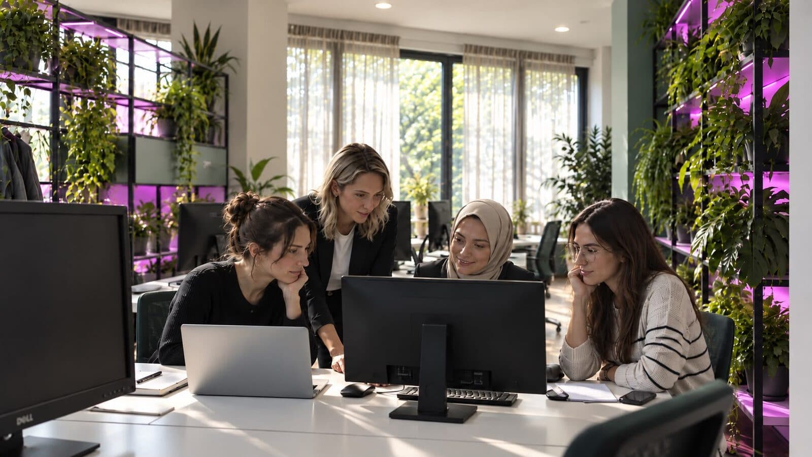 Vier Customer-Care-Mitarbeiterinnen besprechen gemeinsam eine Kundenanfrage am Bildschirm im caredsk-Büro in Istanbul