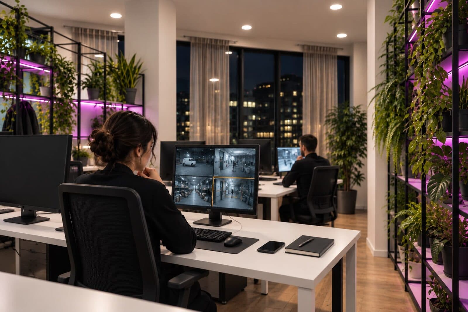 caredskROM-Mitarbeiterin überwacht nachts mehrere Live-Kamerafeeds an einem Monitor
