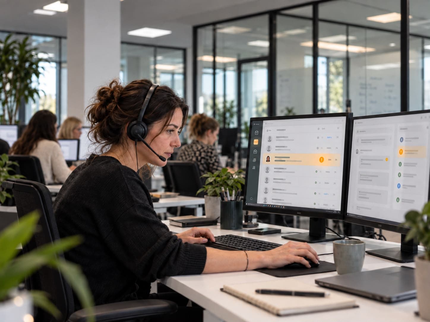 Kundenservice-Mitarbeiterin mit Headset arbeitet am Bildschirm eine Warteschlange offener Anfragen ab