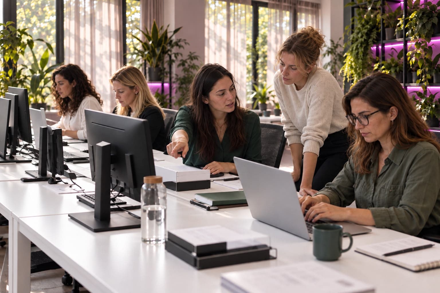 Eine Teamleiterin arbeitet eine neue Kollegin am Laptop ein, daneben weitere Mitarbeiterinnen im caredsk-Büro in Istanbul
