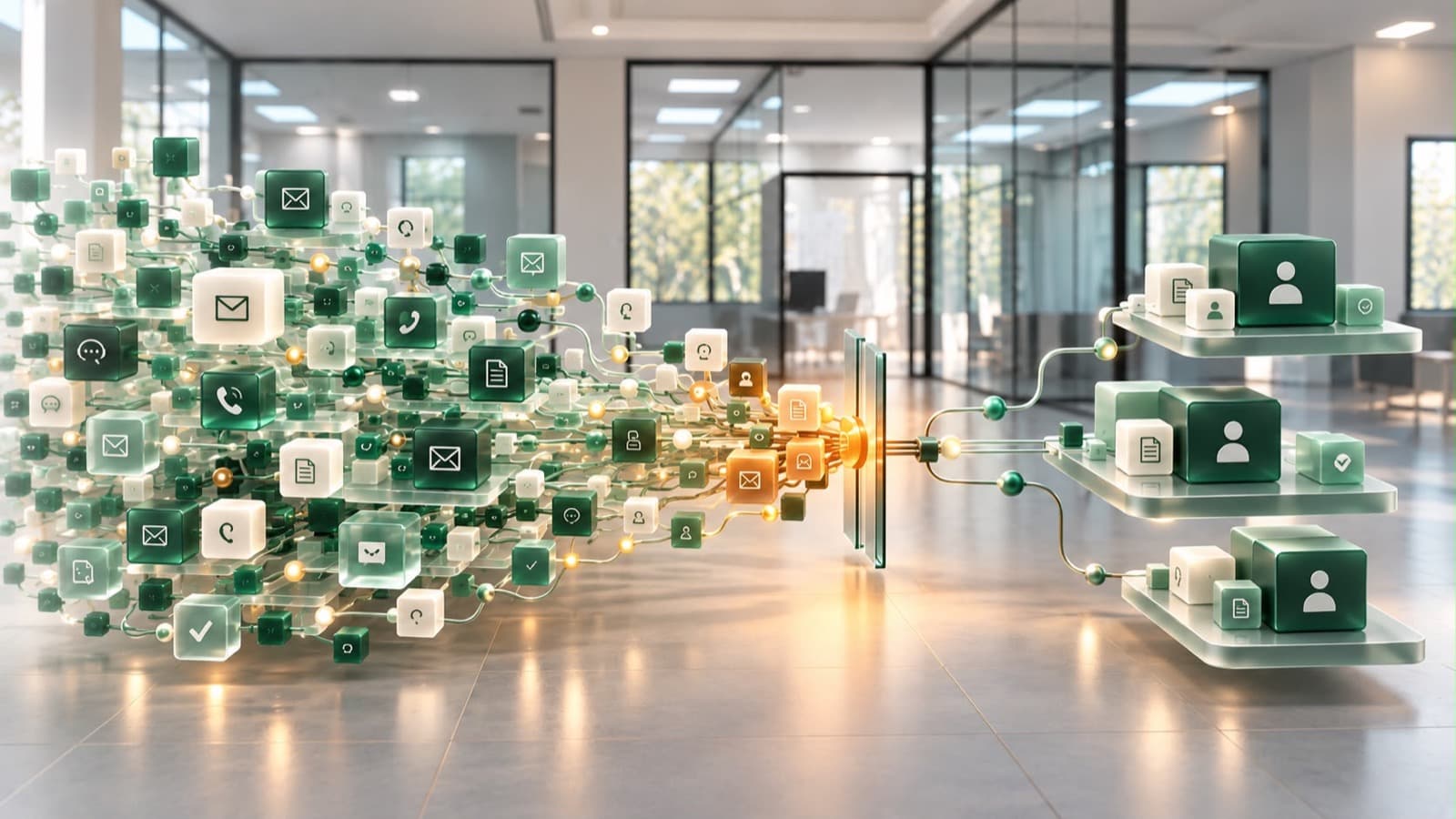 Grafik: viele eingehende E-Mails, Anrufe und Dokumente werden gebündelt und geordnet an ein kleines Team verteilt