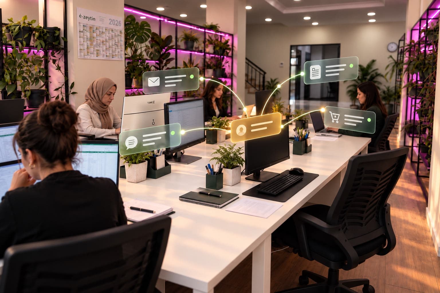 Mitarbeiterinnen an ihren Arbeitsplätzen im caredsk-Büro in Istanbul, eingeblendete Symbole für E-Mail, Chat und Bestellungen zeigen die übernommenen Aufgaben
