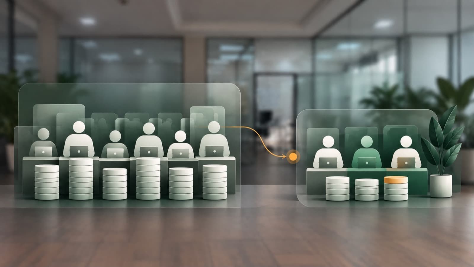 Grafik: ein großes, teures Team wird zu einem kleineren eingespielten Remote-Team mit geringeren Personalkosten