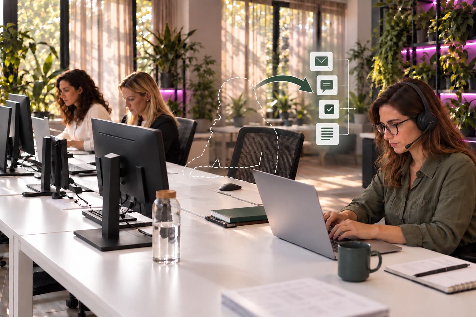 Eine Mitarbeiterin mit Headset übernimmt E-Mails, Chats und Aufgaben eines abwesenden Kollegen, dessen Arbeitsplatz leer ist