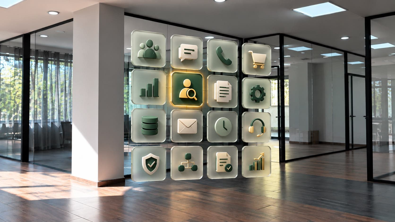 Ein Raster aus modernen Icons in einem hellen Büro visualisiert verschiedene digitale Lösungen und Tools für den Customer Care, wie Support-Kanäle, Datenanalyse und CRM.
