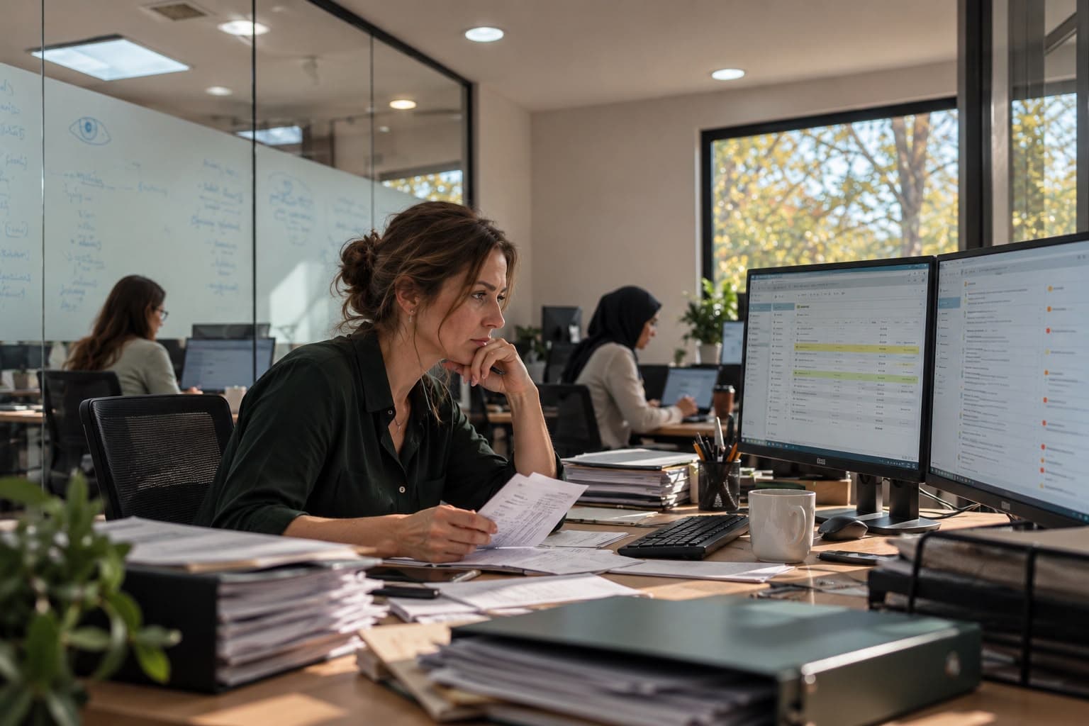 Eine Kundenservice-Mitarbeiterin bearbeitet Kundenanfragen an einem modernen Multi-Monitor-Arbeitsplatz im Großraumbüro.