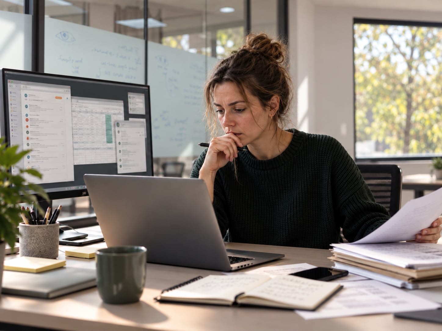 Eine Customer-Care-Mitarbeiterin prüft konzentriert Kundendaten auf ihrem Laptop und Dokumenten am Schreibtisch.