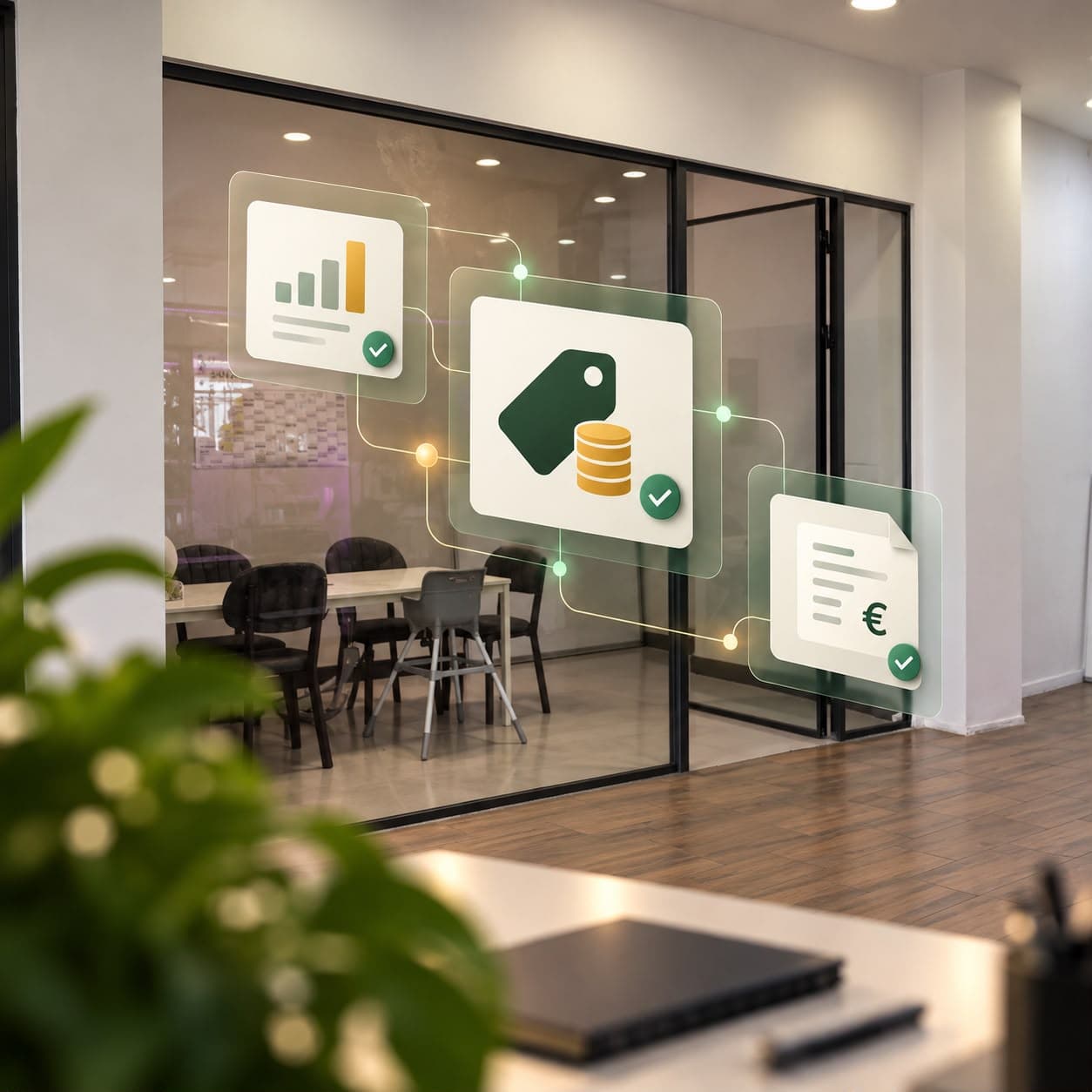 Eine Infografik vor einem Besprechungsraum visualisiert die Optimierung von Kosten, Preisgestaltung und Rechnungsstellung im Customer-Care-Bereich.