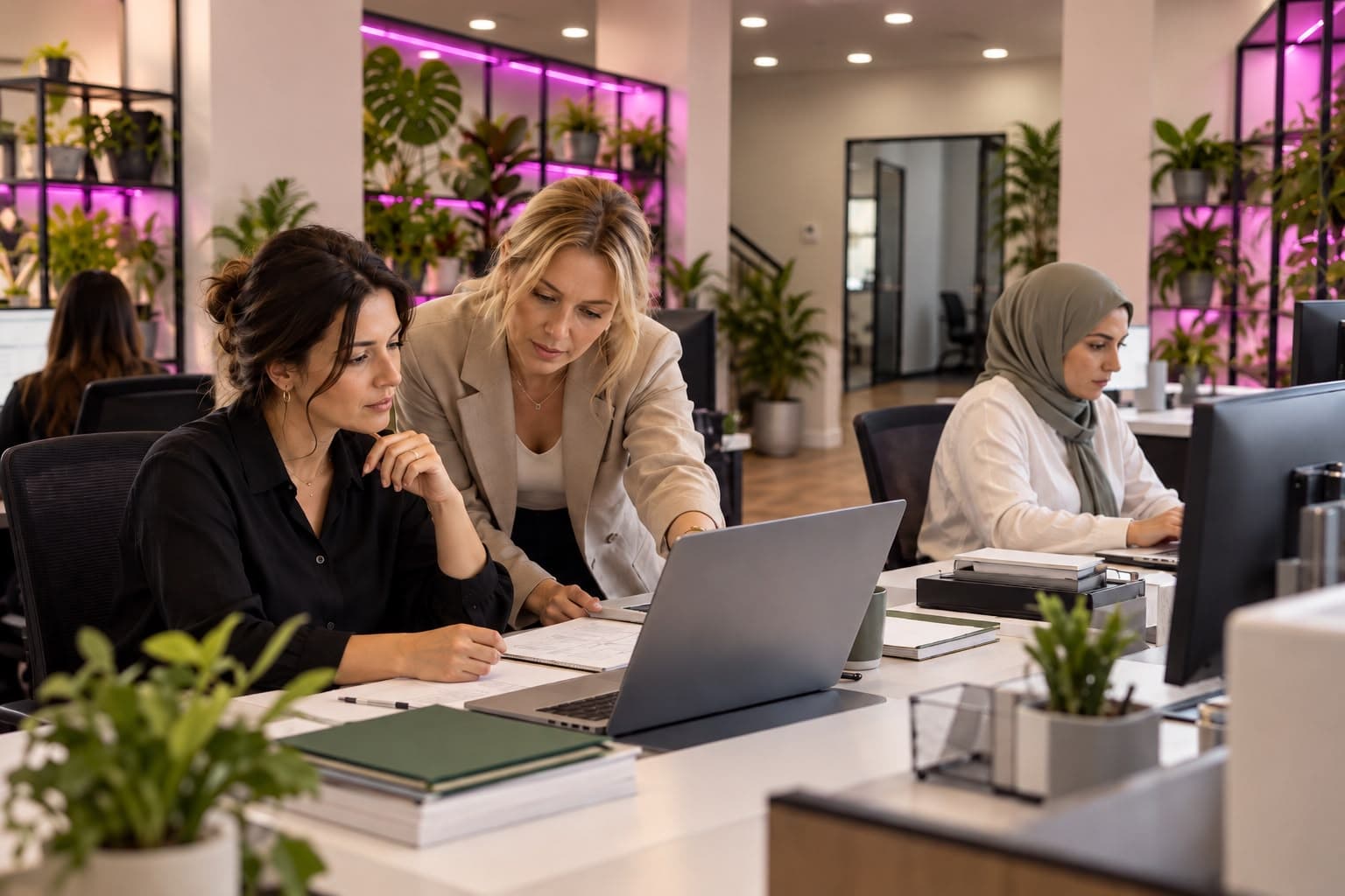 Eine Customer-Care-Teamleiterin unterstützt eine Kollegin am Laptop im modernen, Pflanzen-dekorierten Großraumbüro.