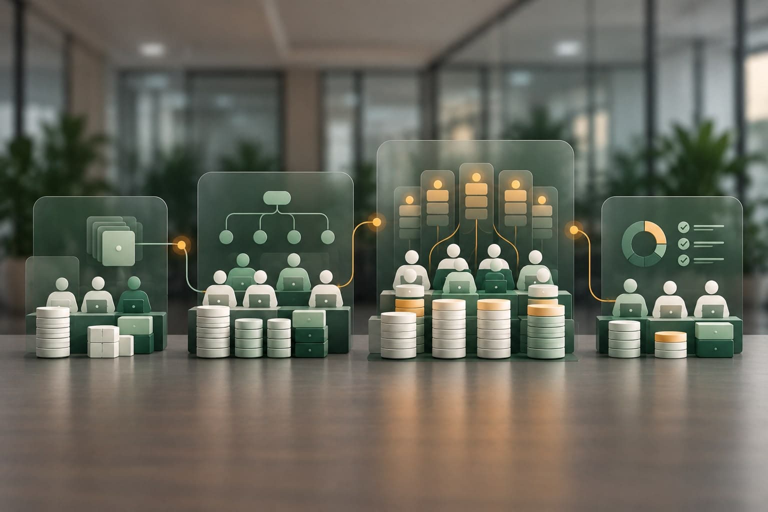 Eine abstrakte 3D-Grafik auf einem Holztisch veranschaulicht den strukturierten Workflow, die Team-Hierarchie und die Datenanalyse im Customer Support.